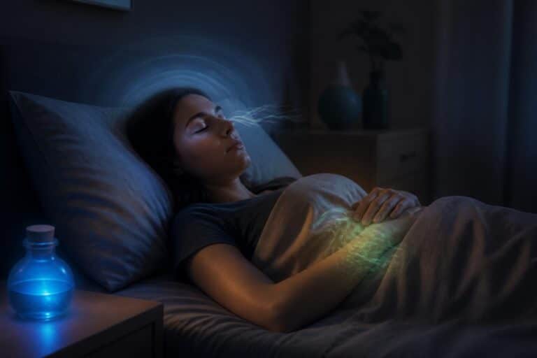 Illustration d’une personne allongée, les yeux fermés, entourée de tracés lumineux bleus et verts