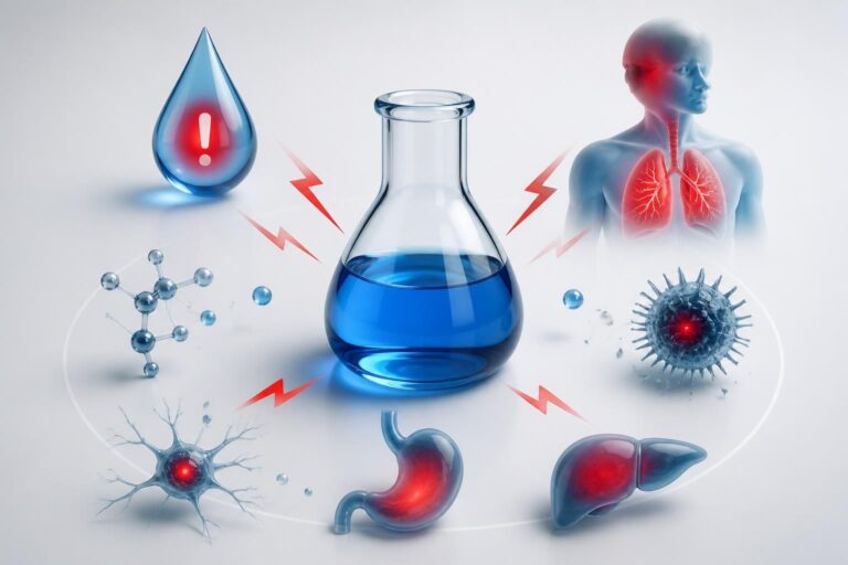 Illustration d’un flacon de liquide bleu entouré d’organes et de symboles d’avertissement