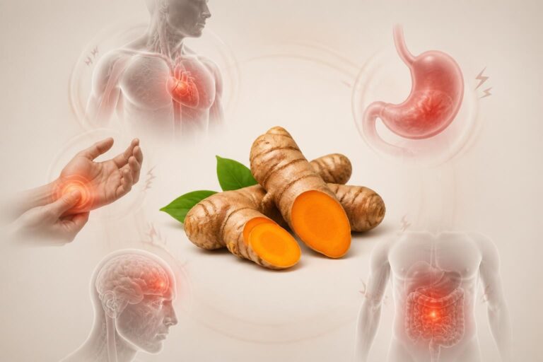 Rhizomes de curcuma orange entourés d’illustrations du corps aux zones rouge-orangé