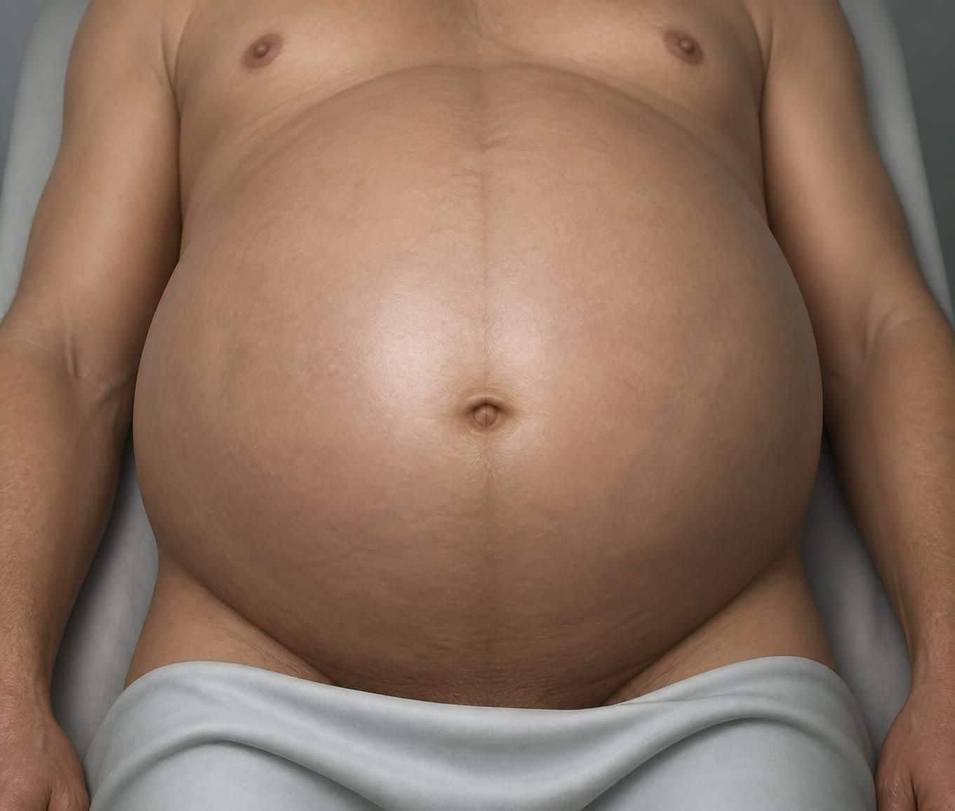 Torse d'un adulte allongé sur le dos, abdomen très distendu et tendu, drap blanc