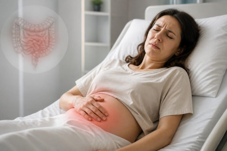 Femme allongée, main sur le ventre, schéma d'intestin et zone rouge sur l'abdomen