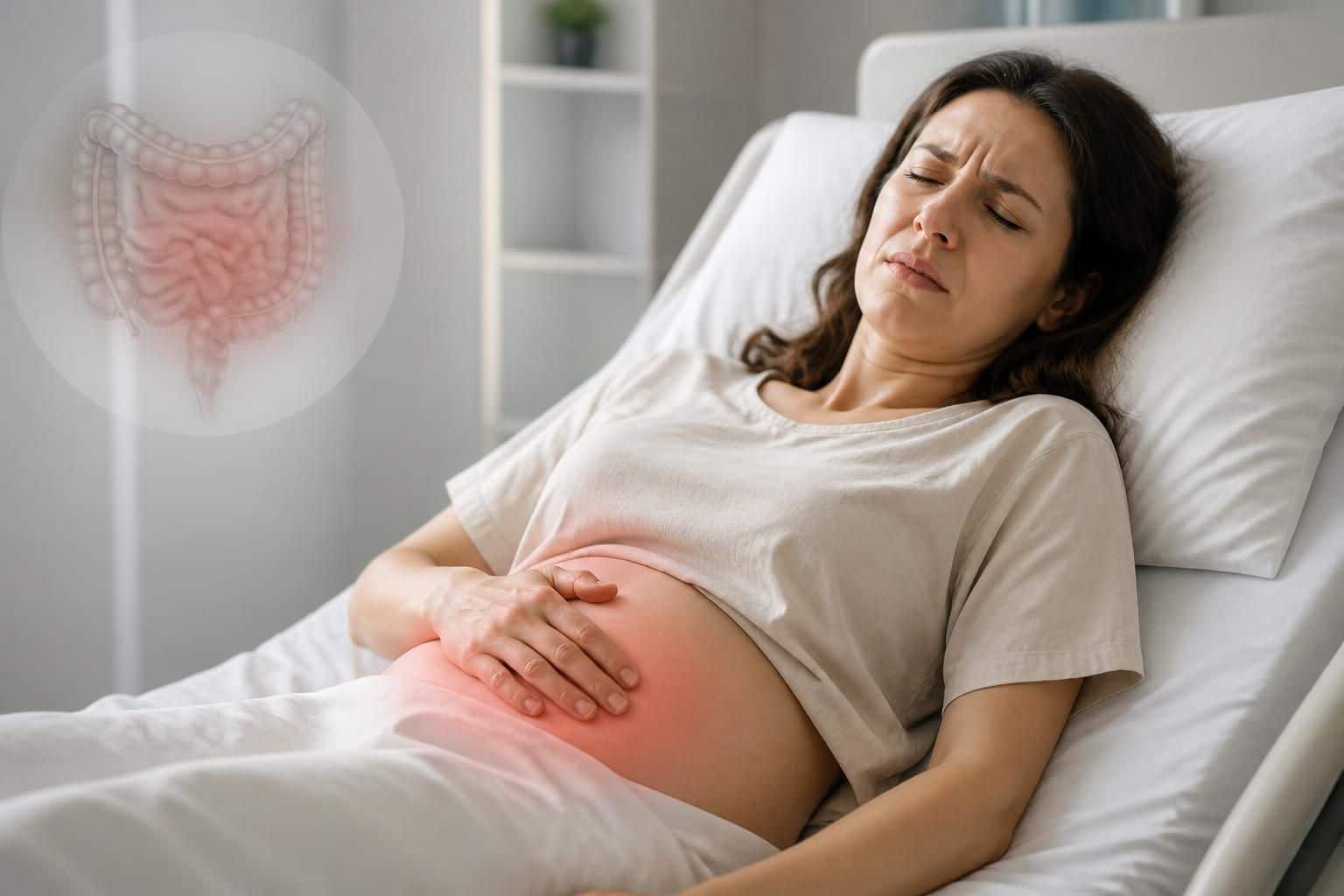 Femme allongée, main sur le ventre, schéma d'intestin et zone rouge sur l'abdomen