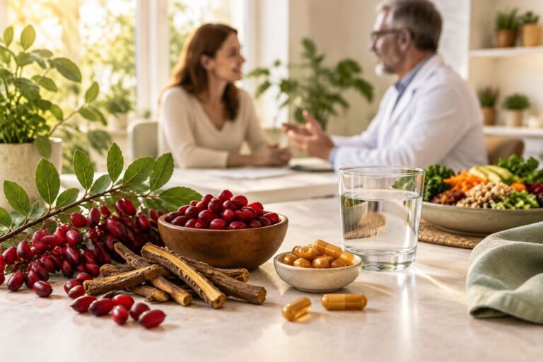 Baies rouges, racines séchées, gélules et salade sur une table, deux personnes derrière