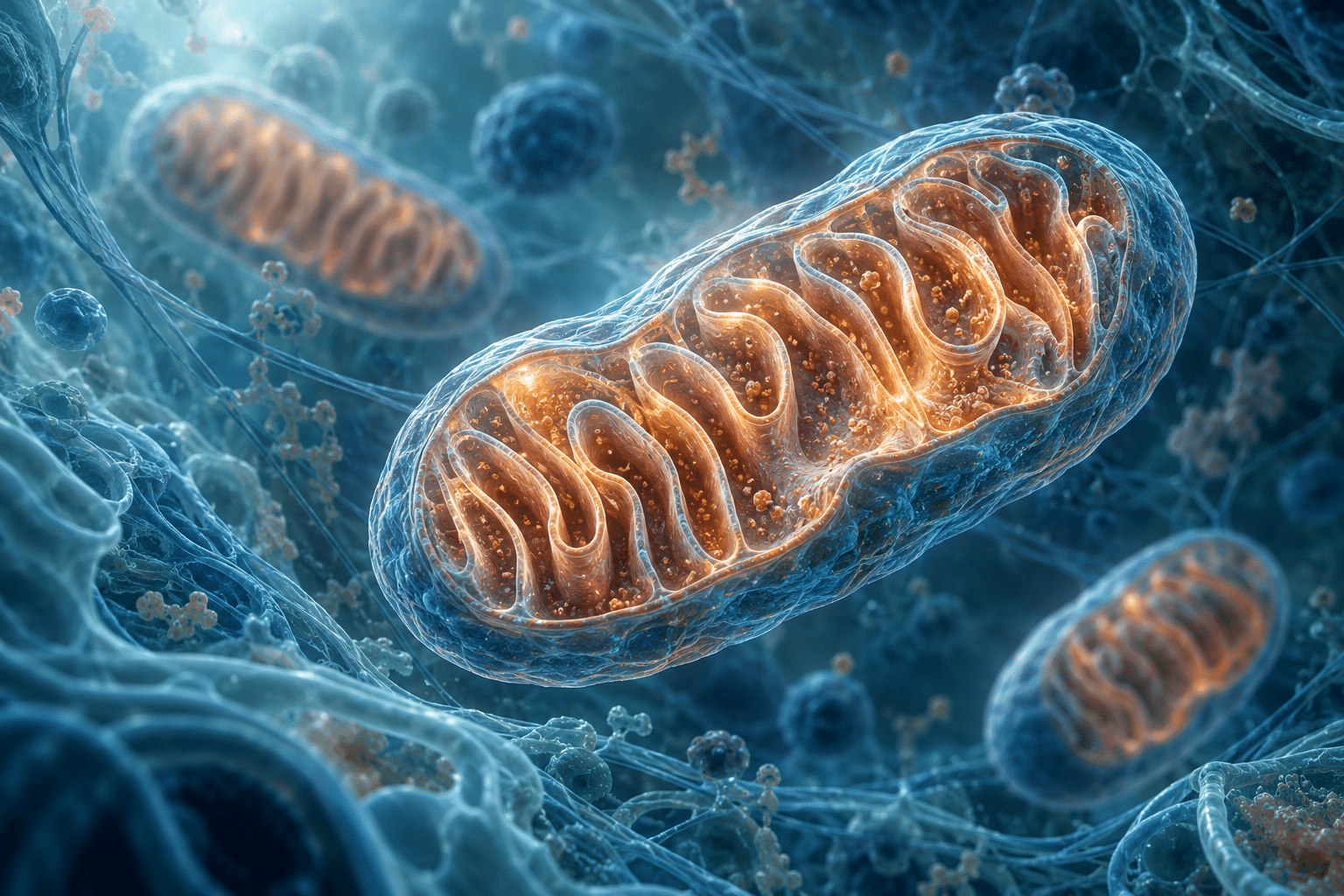 Illustration 3D d’une mitochondrie en coupe aux replis cuivrés, dans un environnement cellulaire bleu.